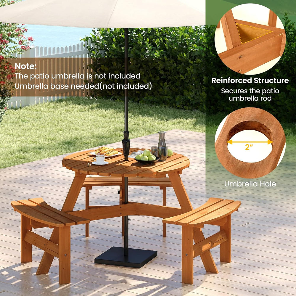 Tangkula 6-Person Wood Picnic Table, Outdoor Round Table and Bench Set with 3...