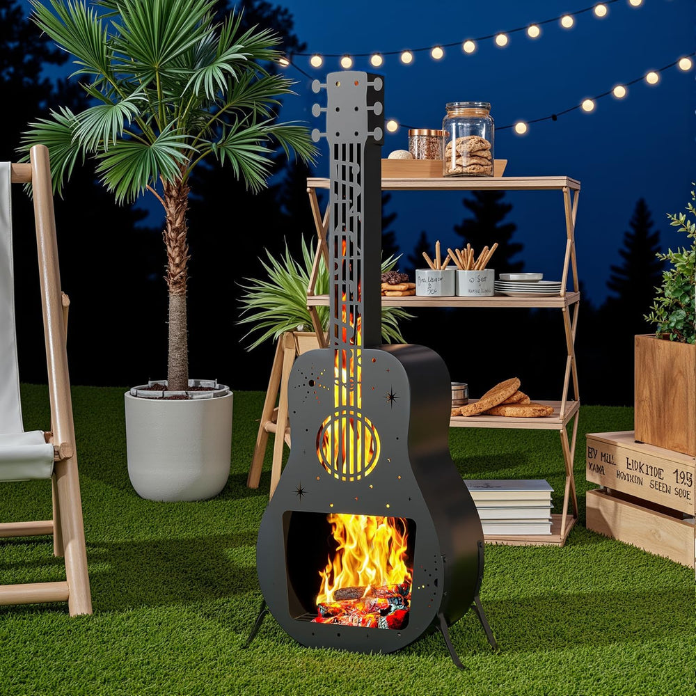 Outdoor Fire Pit for Wood Burning, Fire Pits for Outside, Guitar Shaped Chimi...