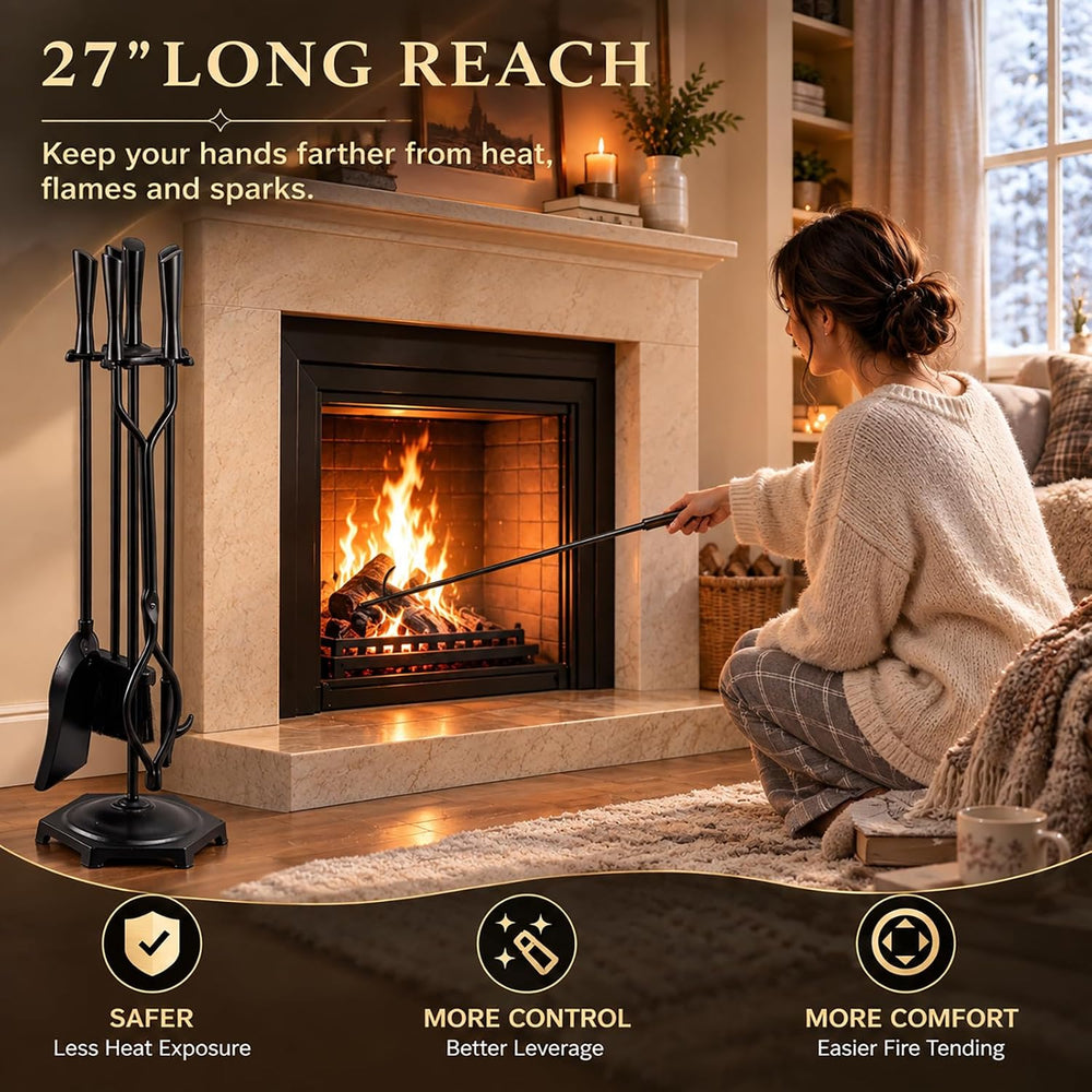 FEED GARDEN 5-Piece Fireplace Tools Set with Stand, Heavy Duty Wrought Iron