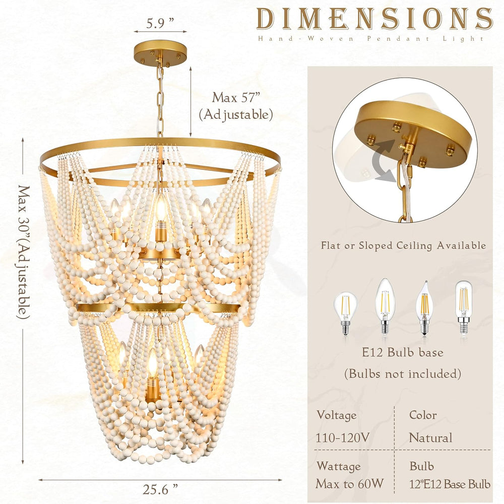 12-Light 25.6" Boho Wood Beaded Chandelier for Living Room, H88 Adjustab...