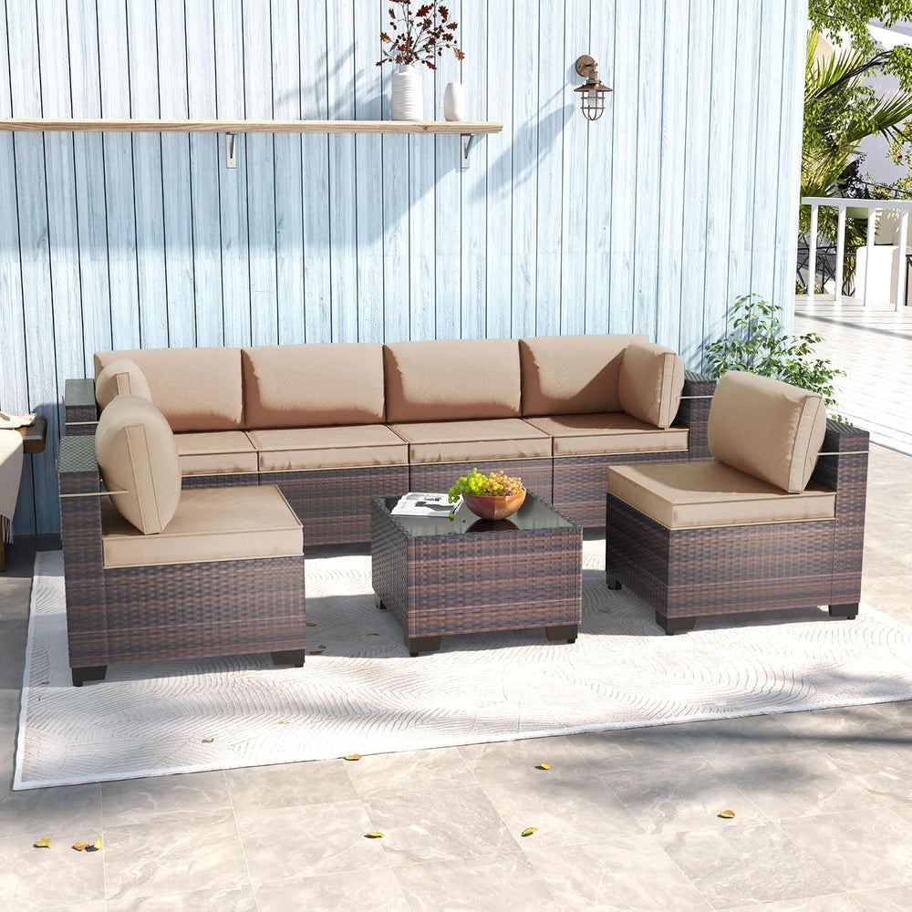 7 Pieces Outdoor Patio Furniture Sets,Wicker Conversation Set Sectional Sofa,...