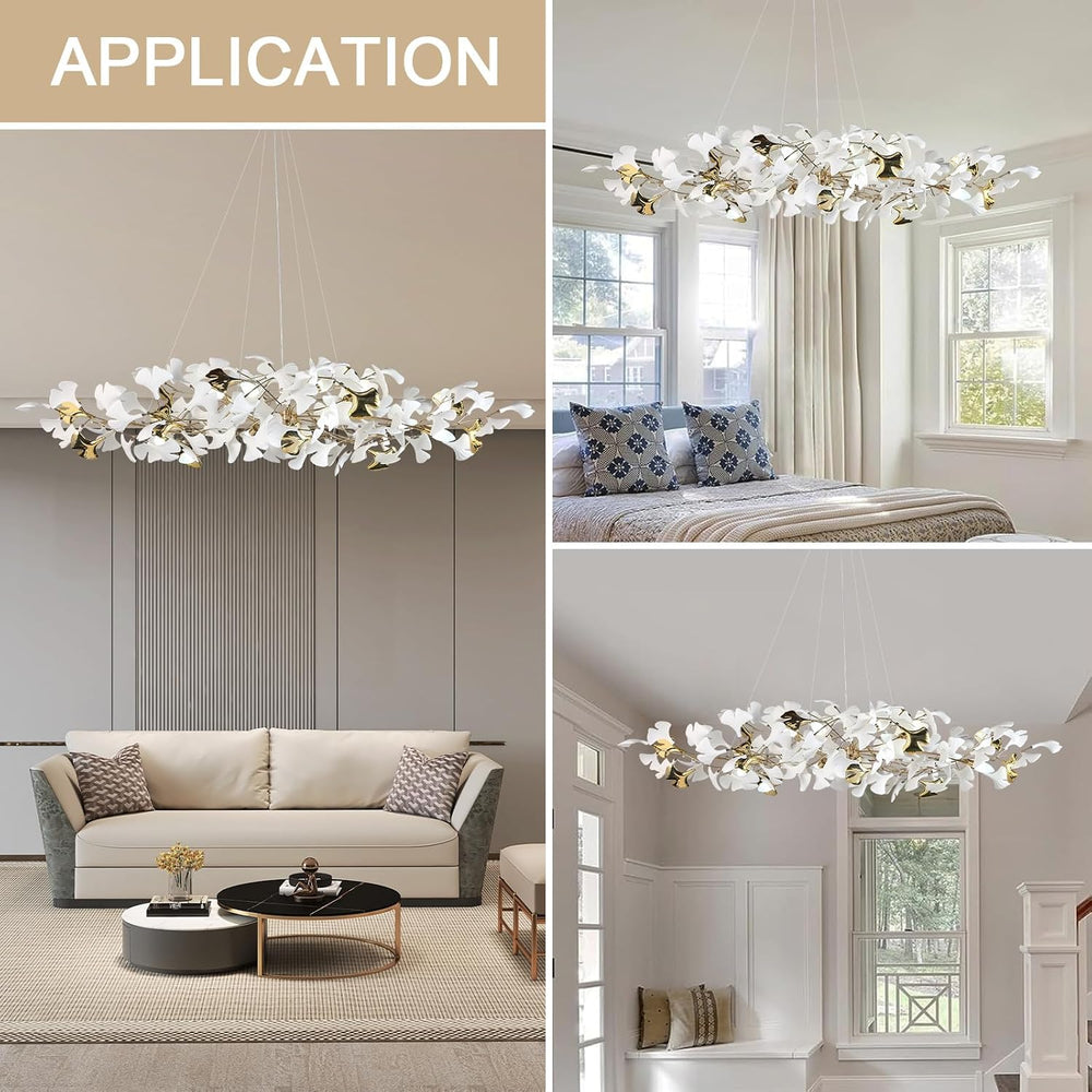 59 Inch White Rectangle Chandelier Gold Ceramic Ginkgo Leaf Chandeliers Brass...