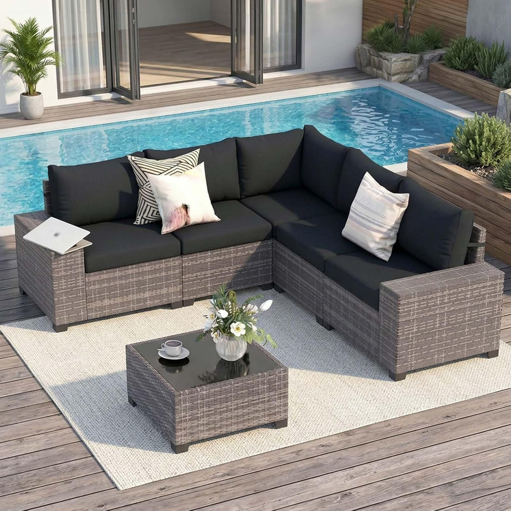 JOIVI 6 PCS Patio Furniture Set, 8" Armrest Outdoor Sectional Sofas, Black