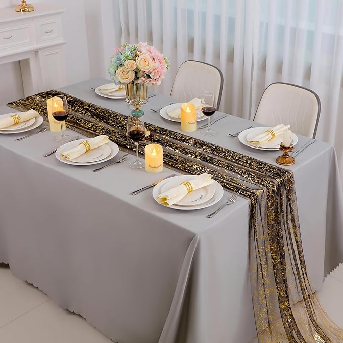 Snowkingdom 10 Pcs Black & Gold Cheesecloth Table Runner 10 FT, Sheer Chi...