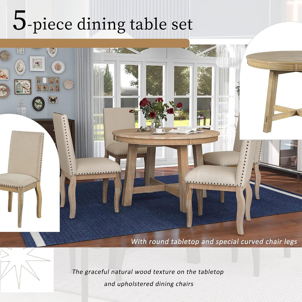 P PURLOVE 5 Pieces Dining Table Set Round Kitchen Extendable Dining Table wit...
