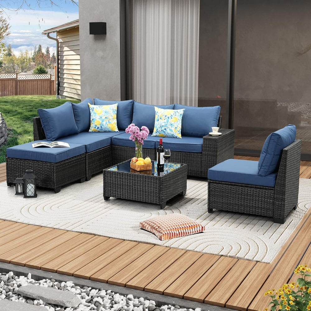 JOYURE 7 Pieces Patio Furniture Set All-Weather Outdoor Wicker Sectional Conv...