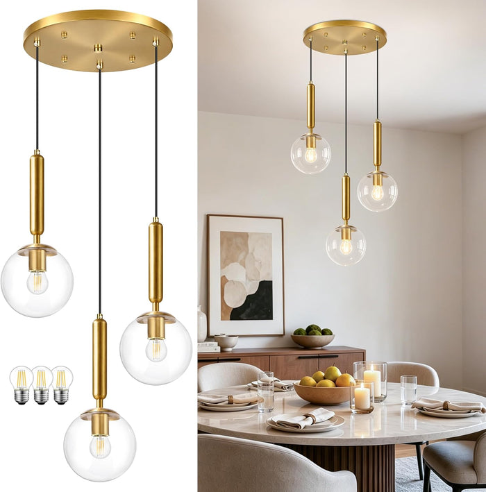 Gold Modern Cluster Chandelier 3-Light Mid Century Globe Pendant Lighting with Clear Glass Adjustable Hanging Light Fixture for Kitchen Island Dining Room Living Room Bedroom Bulbs Incl.