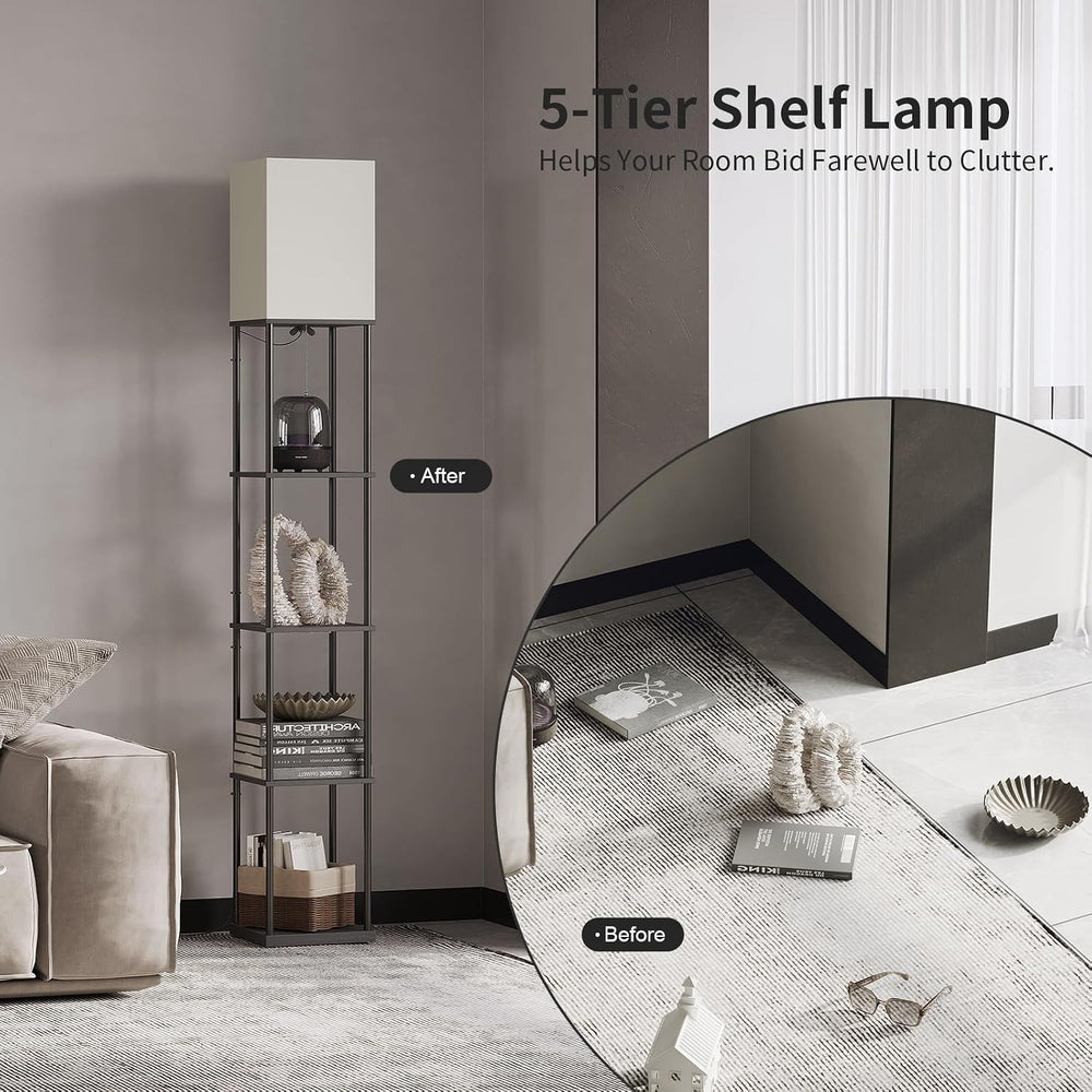 SUNMORY 5 Tier Floor Lamp with Shelves, Modern Square Standing Lamp with 3 Co...