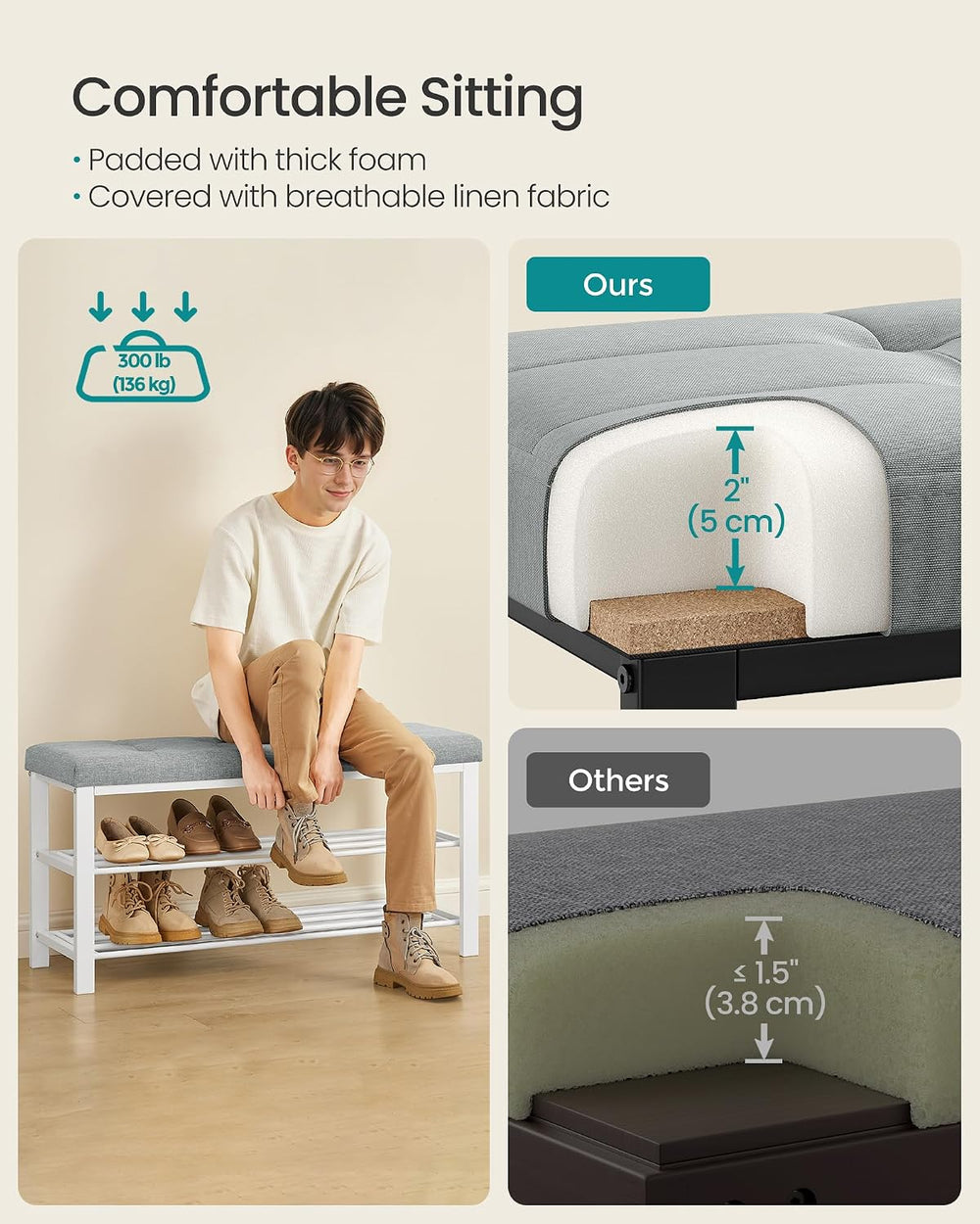 SONGMICS Shoe Bench, Storage Bench, Entryway Bench with Cushion