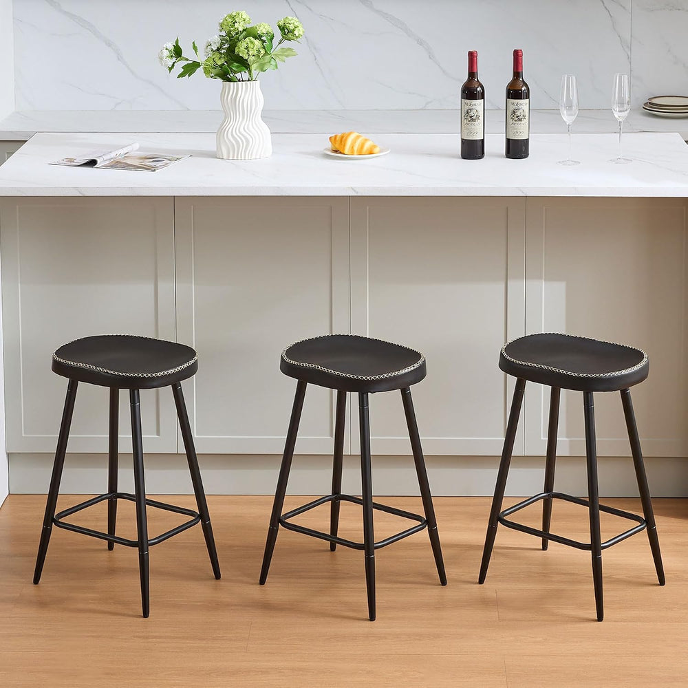 Counter Height Bar Stools Set of 3, Faux Leather Backless Counter Stools
