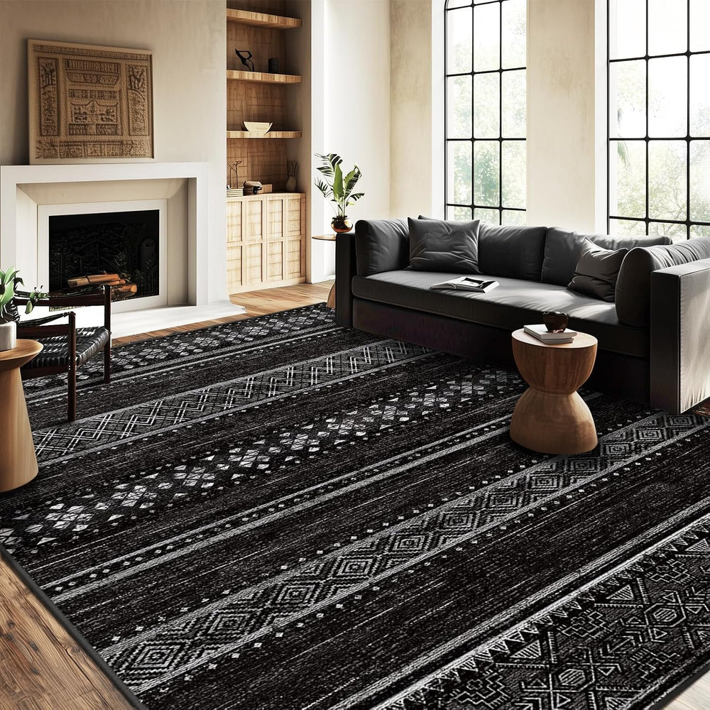 8x10 Washable Area Rugs for Living Room Boho Bedroom Rug Black/White