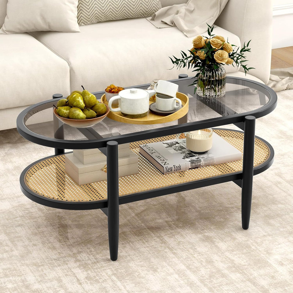 GIANTEX Rattan Coffee Table, 40" Wood Oval Center Table, Black