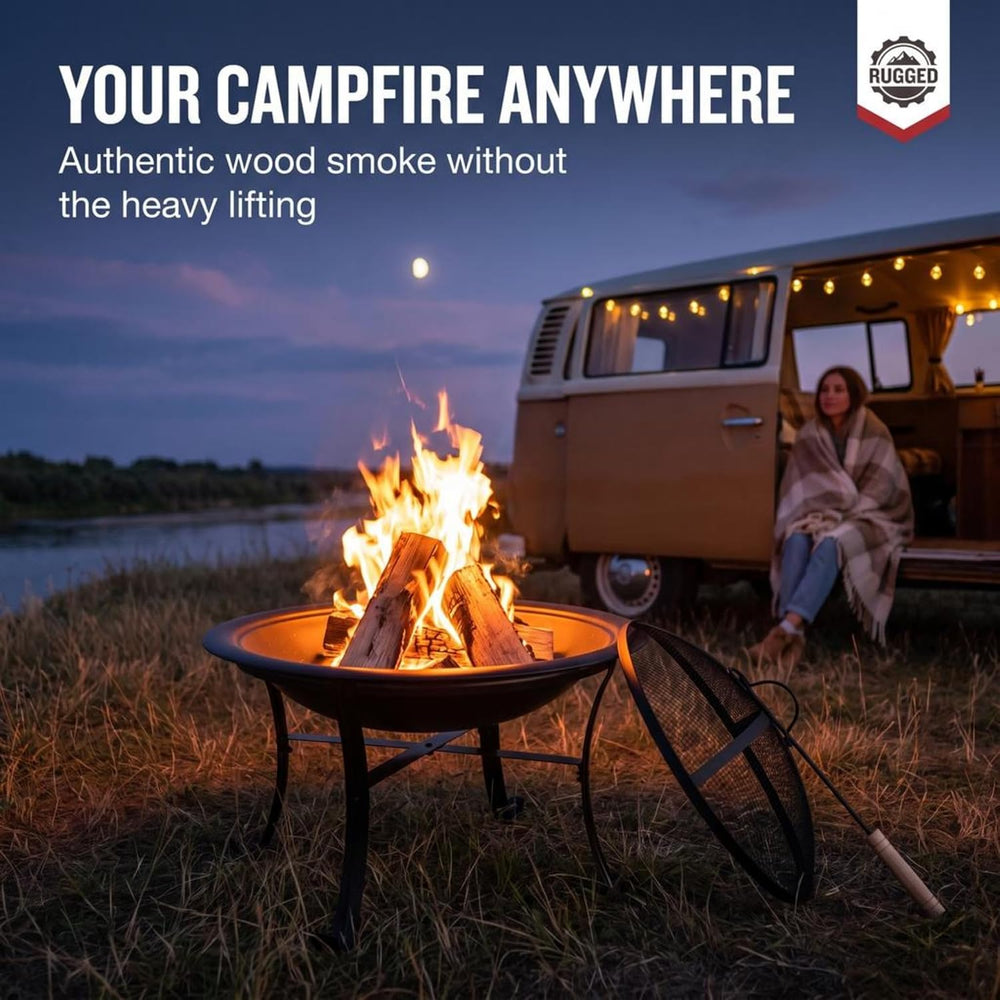 Gas One 22 in Outdoor– Wood Burning Fire Pit with Mesh Lid and Fire Picker – ...
