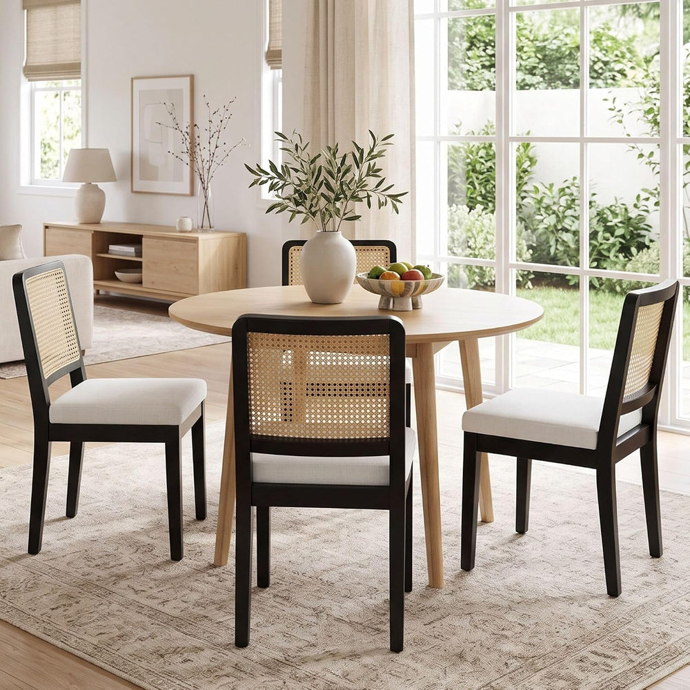 HNY Modern Farmhouse Rattan Dining Chairs Set of 6, Beige Linen Upholstered D...