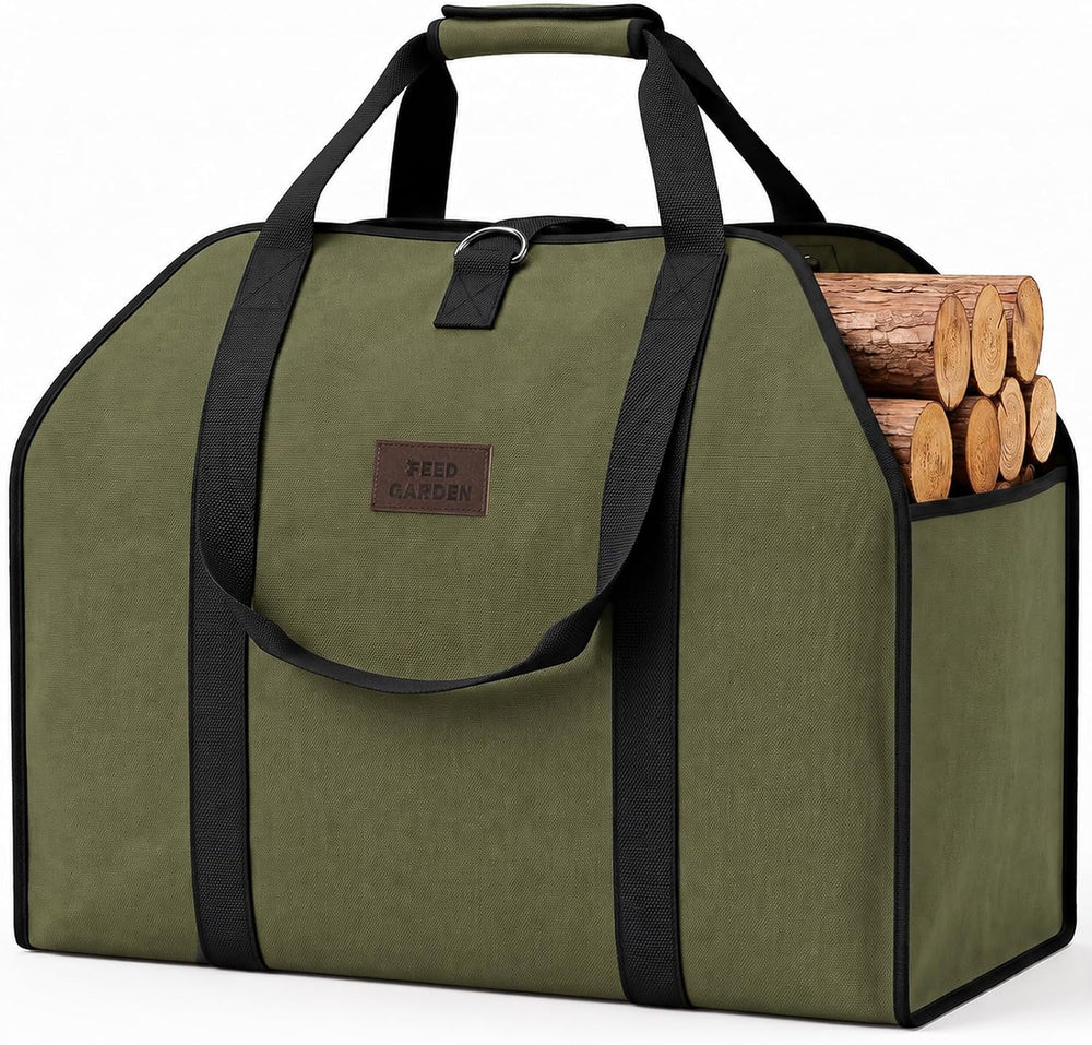 FEED GARDEN Extra Large Firewood Carrier, Waxed Canvas Log Carrier, Green
