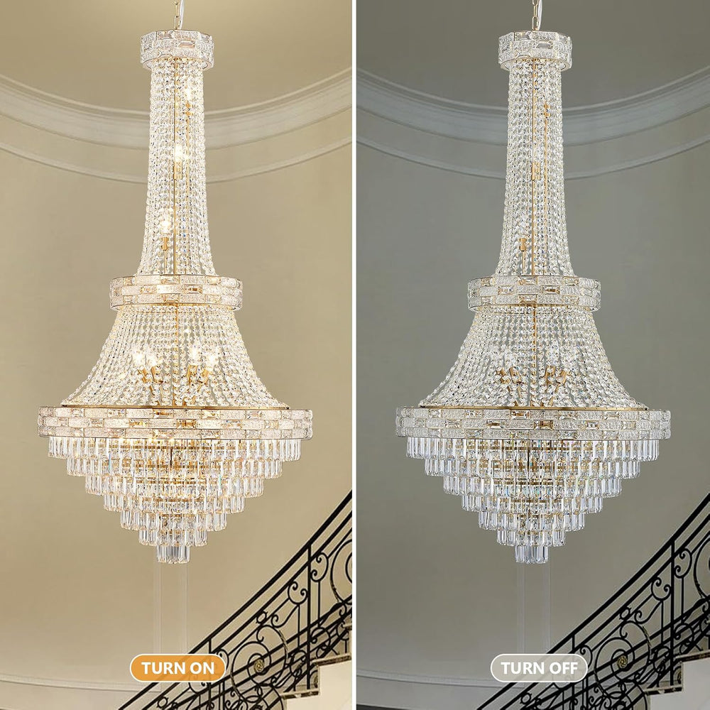 25-Light Gold Crystal Chandelier, 3-Layer High Ceiling Hanging Chandeliers Mo...