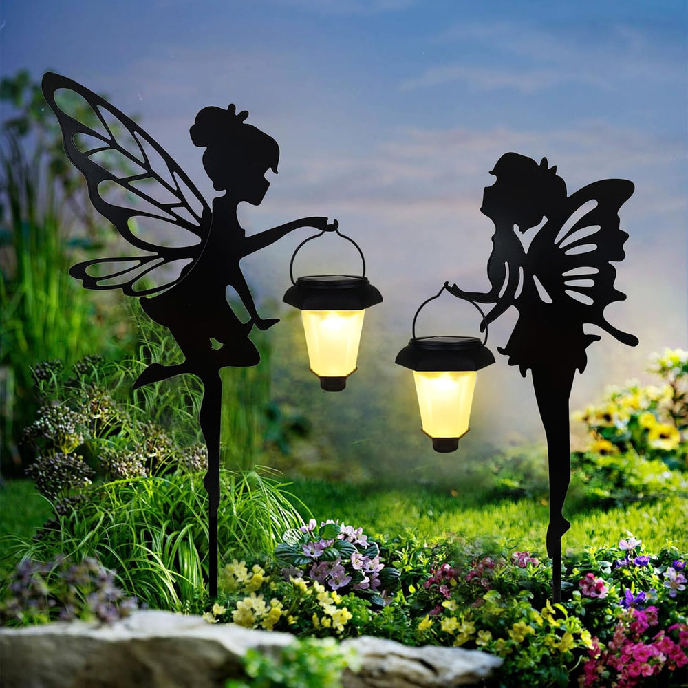 SUNNYPARK 2 Pack Solar Fairy Garden Metal Stake Decorative Lantern