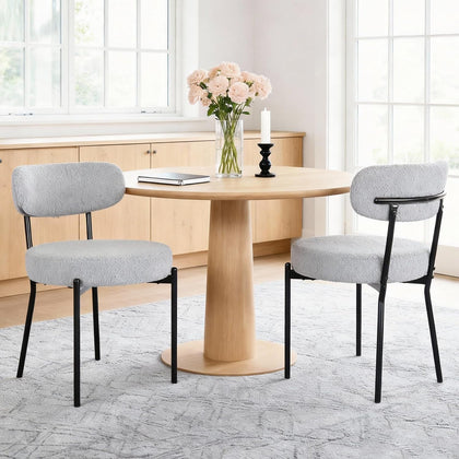 DUMOS Dining Chairs Set of 2, Mid Century Modern Chair Round Upholstered Curved Backrest, Kitchen Vanity Living Room Chairs with Black Metal Legs，Light Grey