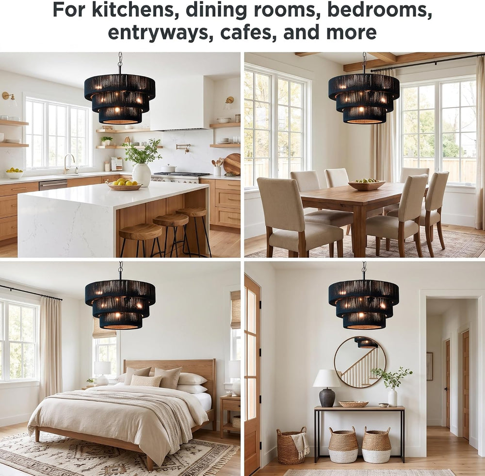 20" 10-Light Boho Black Rattan Chandelier, 3-Layer Coastal Farmhouse Han...