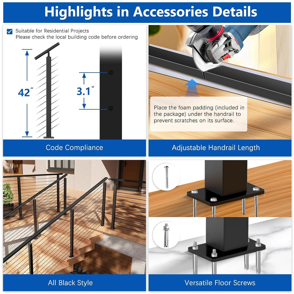 2ft-4ft Modular 42in Cable Railing System for Stair with Handrail