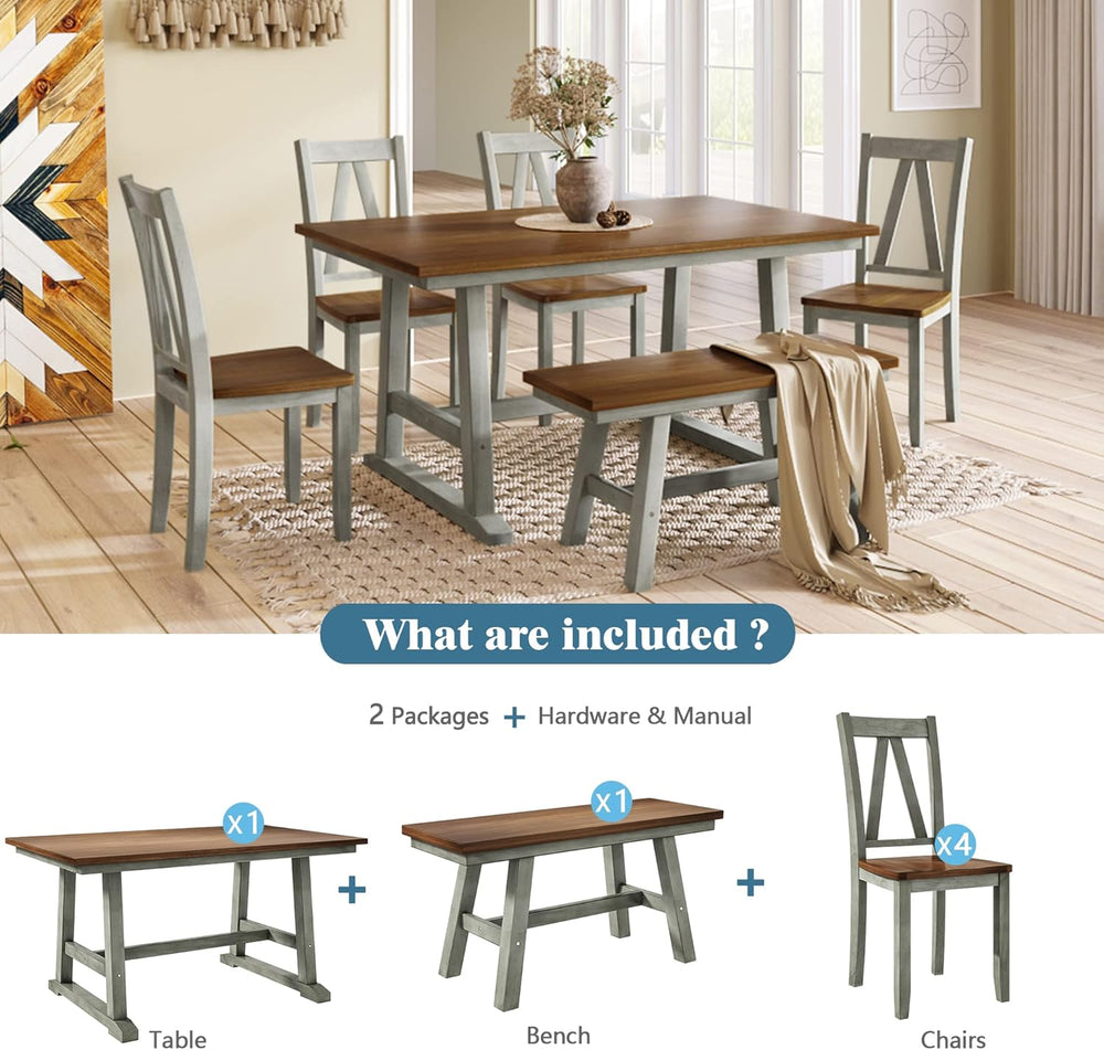 Harper & Bright Designs 6-Piece Dining Set, Farmhouse Style Wood Dining T...