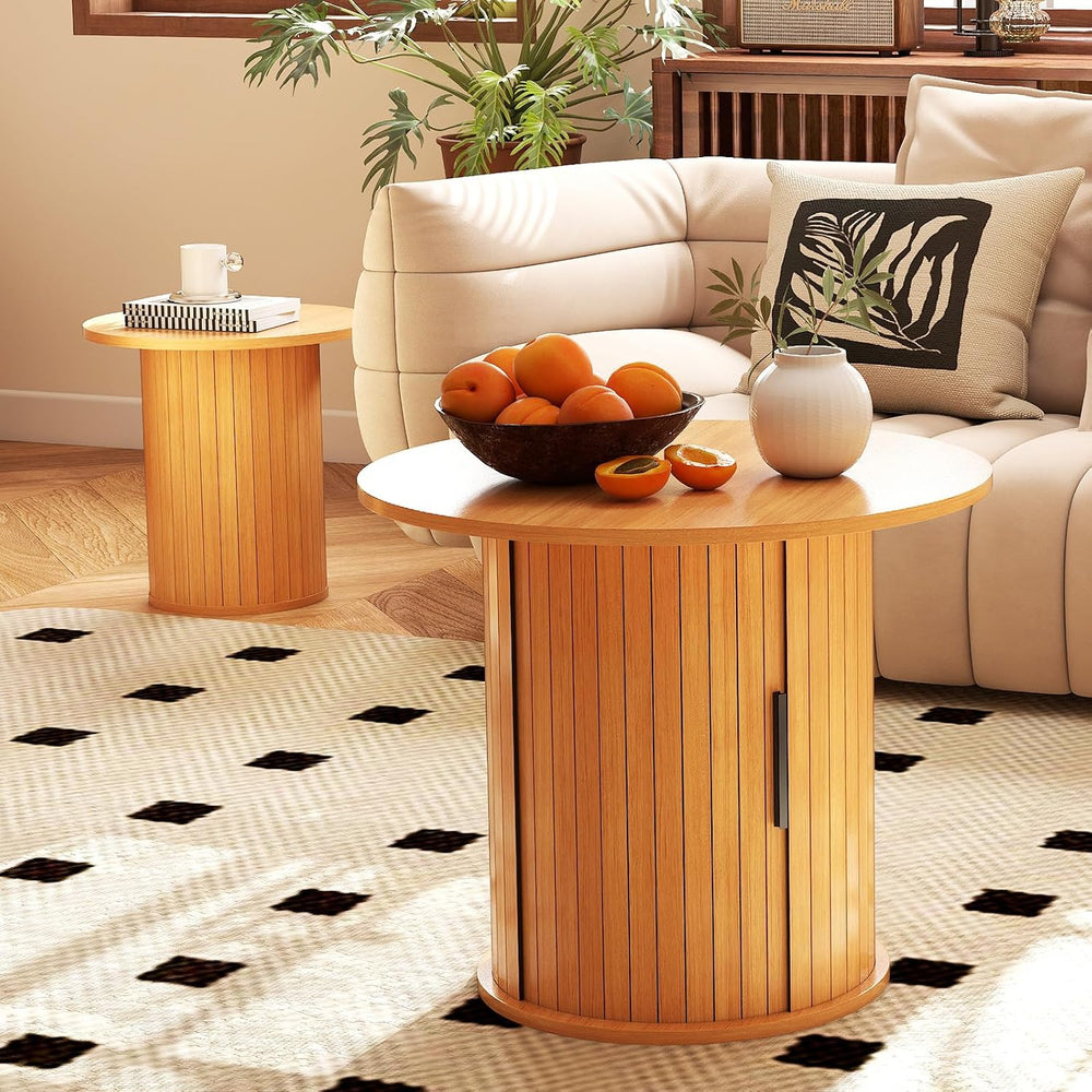Round Wood Coffee Table with Storage, Small Circle Tables for Small Spaces