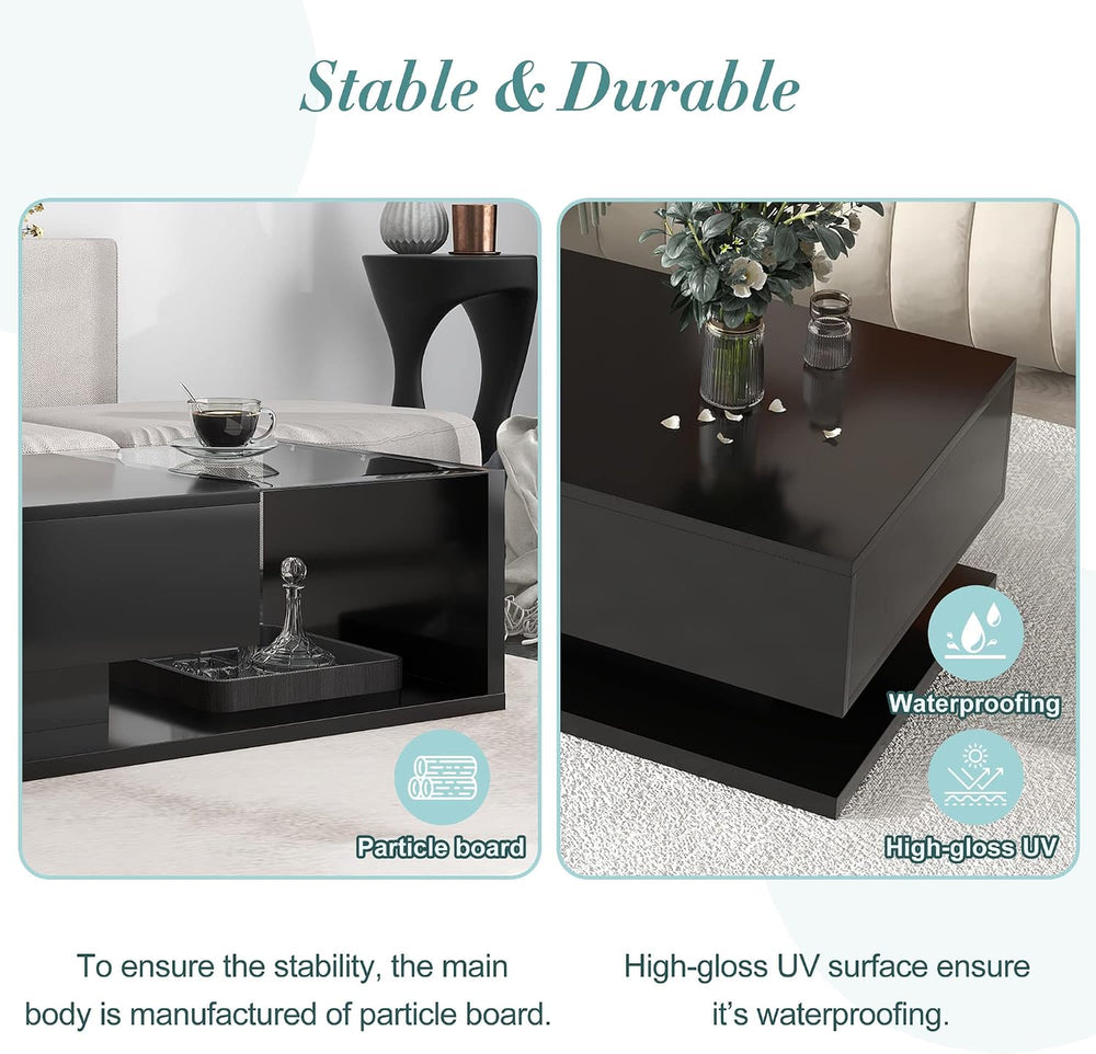 Modern Coffee Table with Tempered Glass, Wooden Cocktail Table with High-Glos...