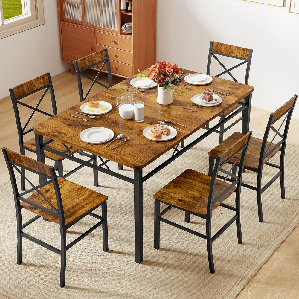 Zevemomo 7-Piece Dining Table Set, Kitchen Table Chairs Set of 6, Brown