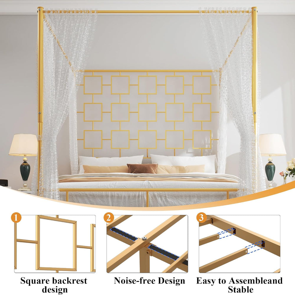 King Canopy Bed Frame, Gold Metal Bed, No Box Spring Needed