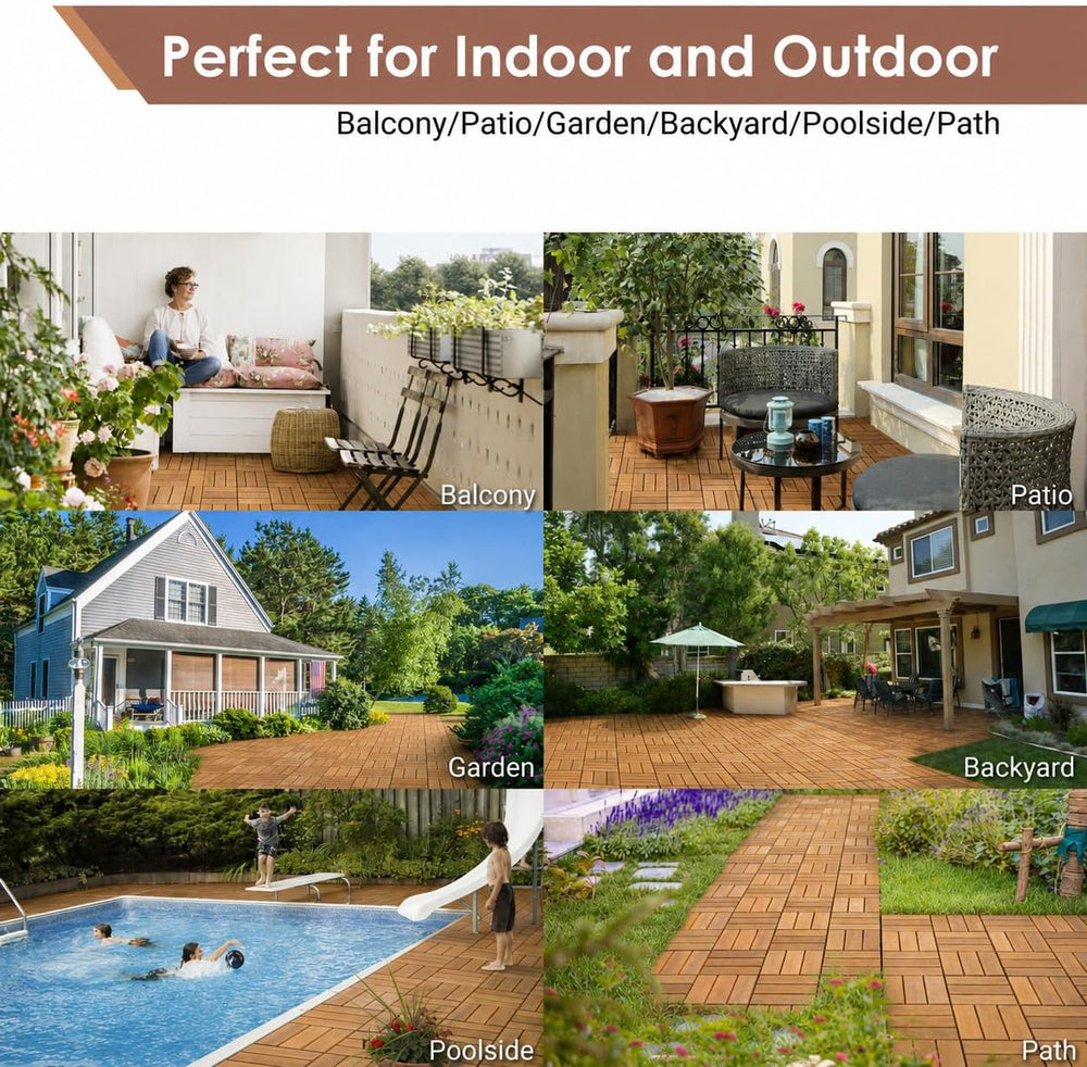 PrimeZone 81 PCS Solid Acacia Wood Interlocking Patio Deck Tiles Outdoor