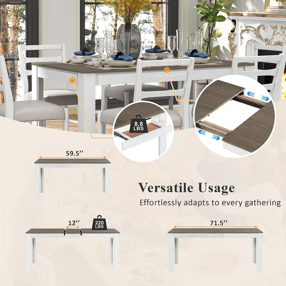 7 Pieces Dining Table Set Wooden Rectangle Extendable Table with 12” Leaf and...