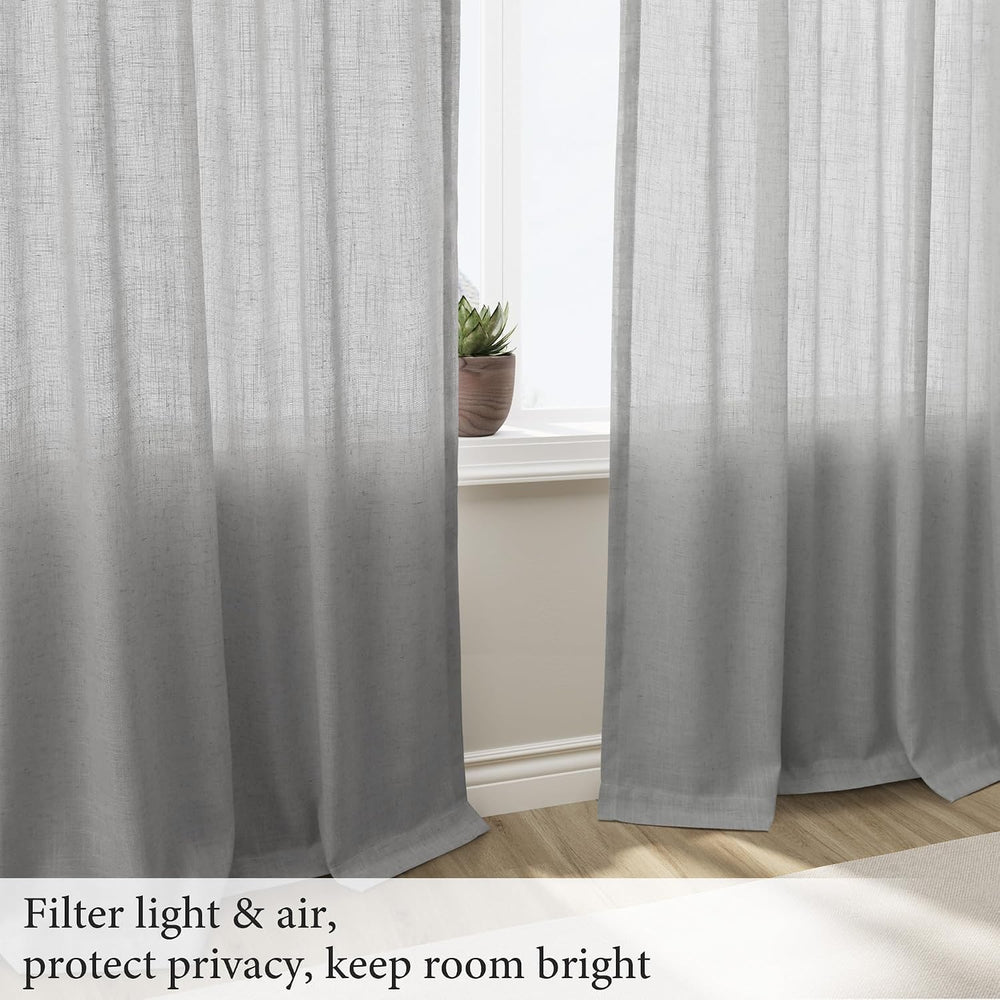 SMABU Linen Curtains 90 Inch Long for Living Room Hook Belt 2 Panels Gray