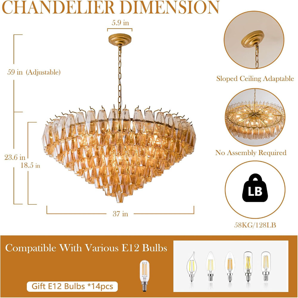 37" Extra Large Chandelier, 14-Light Gold Modern Round Chandelier for Li...