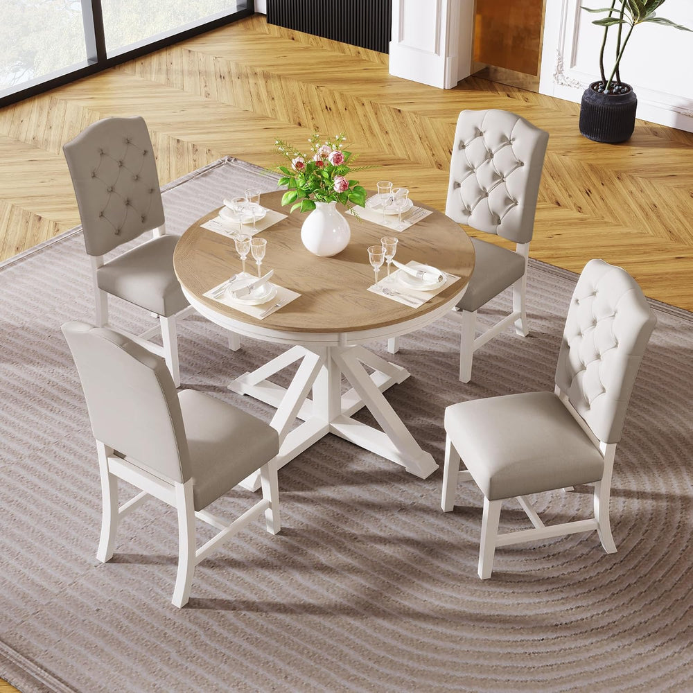 Bellemave Extendable Dining Table Set, 5-Piece Round Table Set with 4 Upholst...