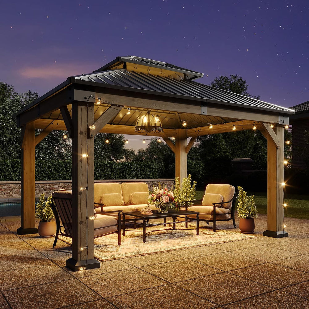 Aoxun 10' x 12' Outdoor Wood Gazebo, Hardtop Gazebo