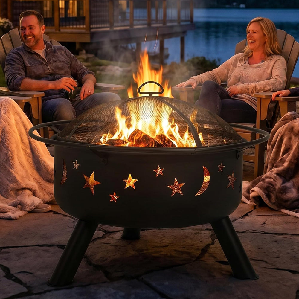 Sunnydaze Cosmic 30" Outdoor Wood Fire Pit with Grill Grate, Steel, Black