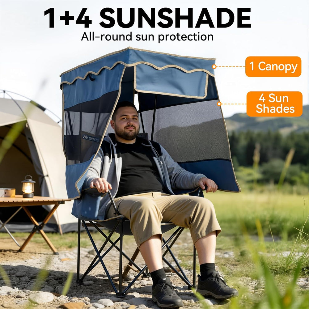 Oversized Camping Chair with Canopy，Folding Chair Supports 330 Lbs, Blue