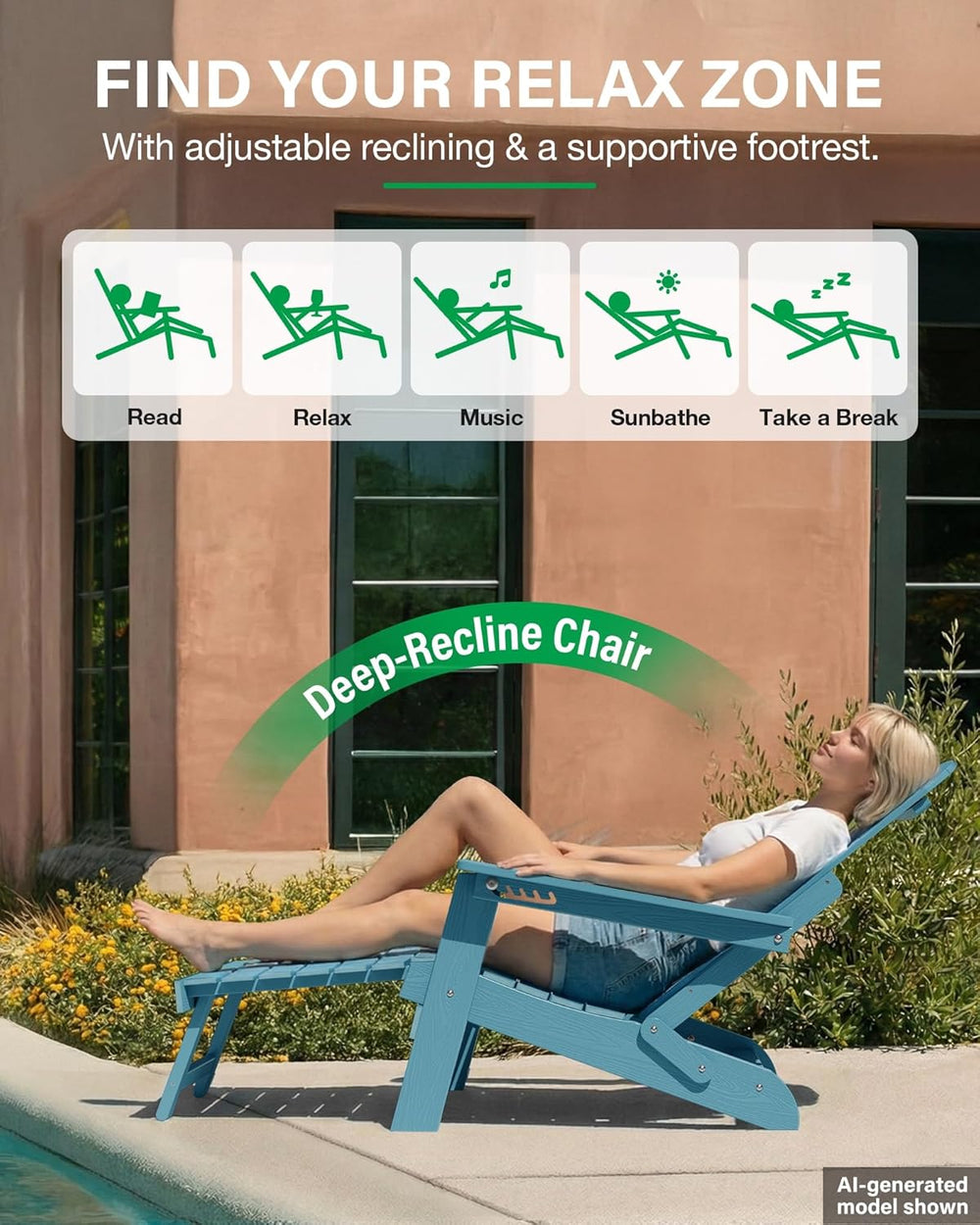 YEFU Adjustable Adirondack Chair with Footrest,All-Weather, Set of 2,Blue