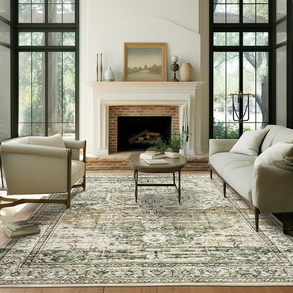 Soalmost 9x12 Area Rugs for Living Room Washable Rug Non-Slip Olive Beige