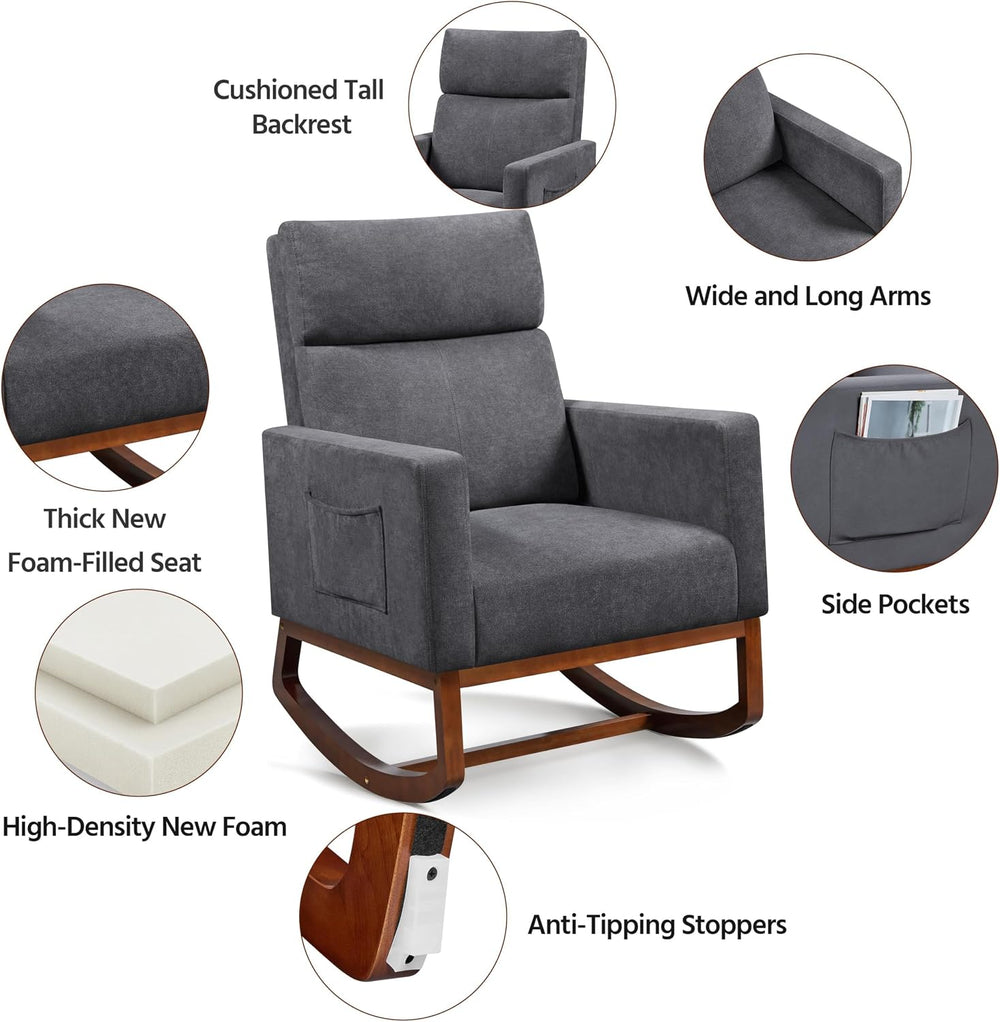 Yaheetech 28in Wide Padded High Back Glider Rocking Chair, Gray Polyester