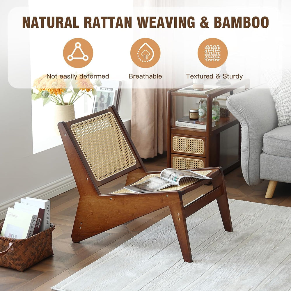 Welnow Mid Century Rattan Accent Chair with Woven Cane Backrest，Walnut