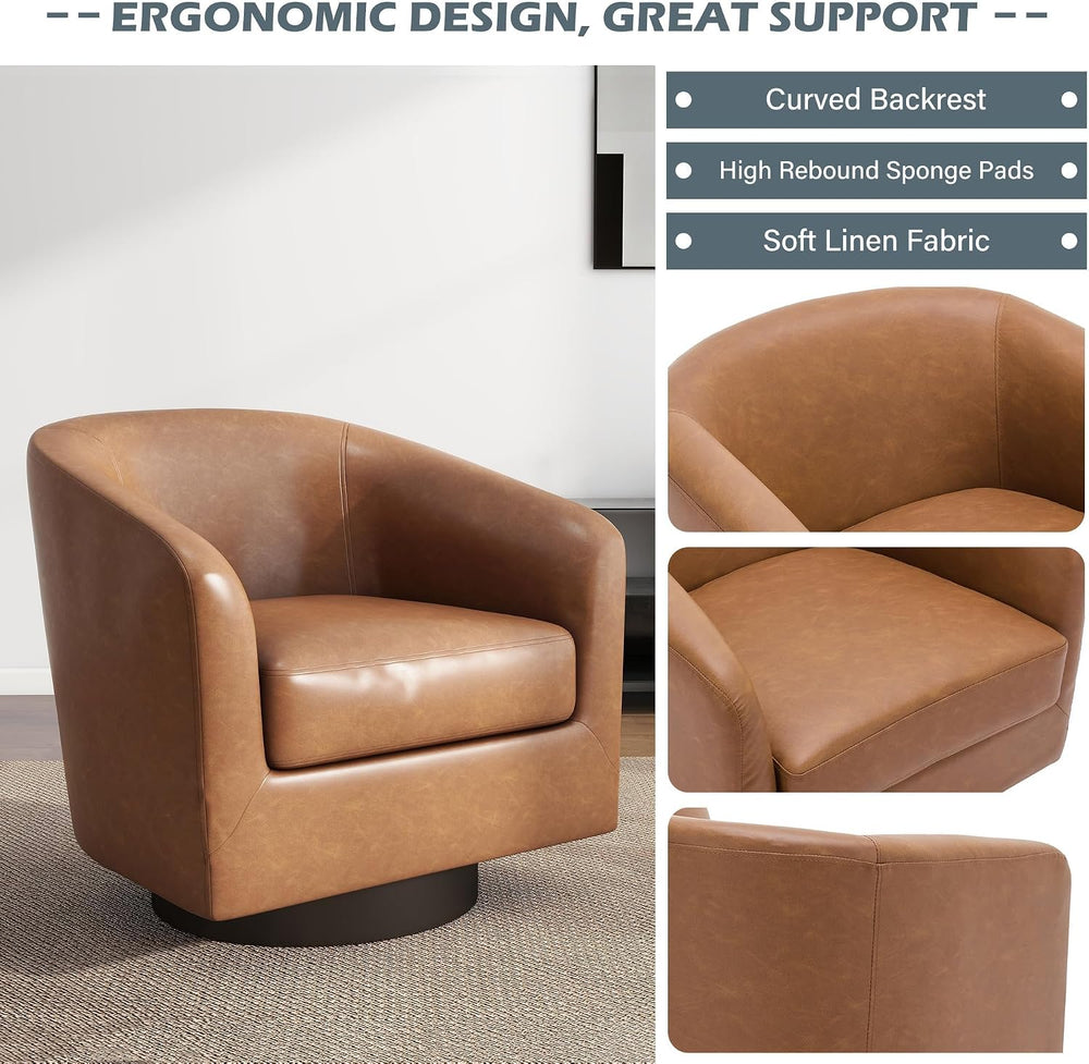 Faux Leather Swivel Accent Chairs Set of 2, Barrel Armchair, Brown