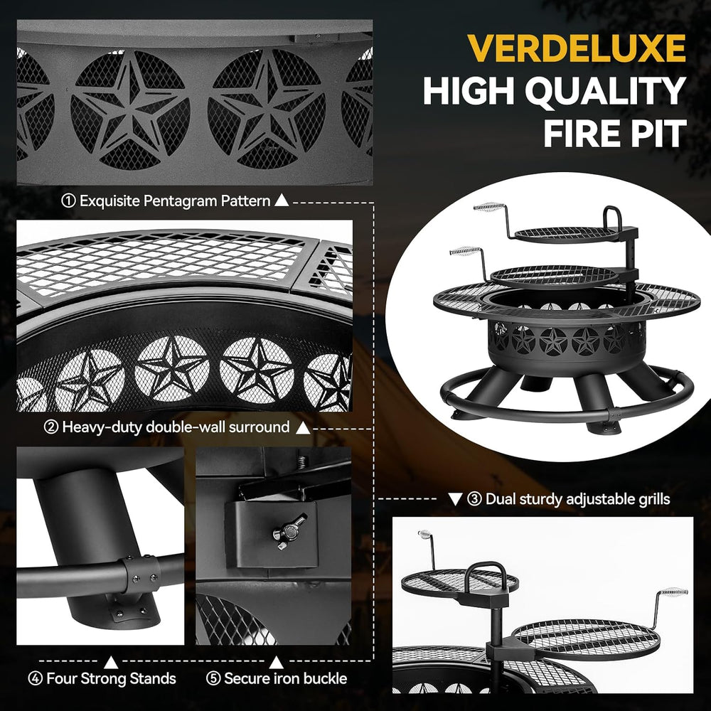 Verdeluxe 47 Inch Outdoor Fire Pit with 2 Grills, Extra Large BBQ Firepits