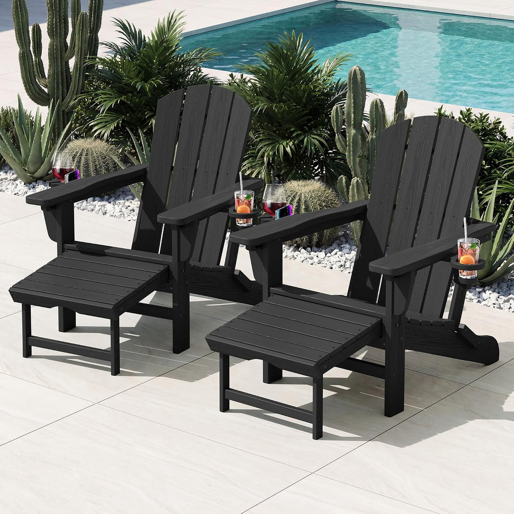 KINGYES Folding Adirondack Chair with Ottoman & Dual Cup Holders, Black