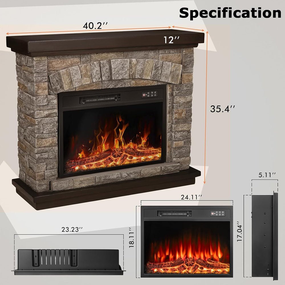 PUKAMI Electric Fireplace with Mantel, Realistic Stone Finish Freestanding He...