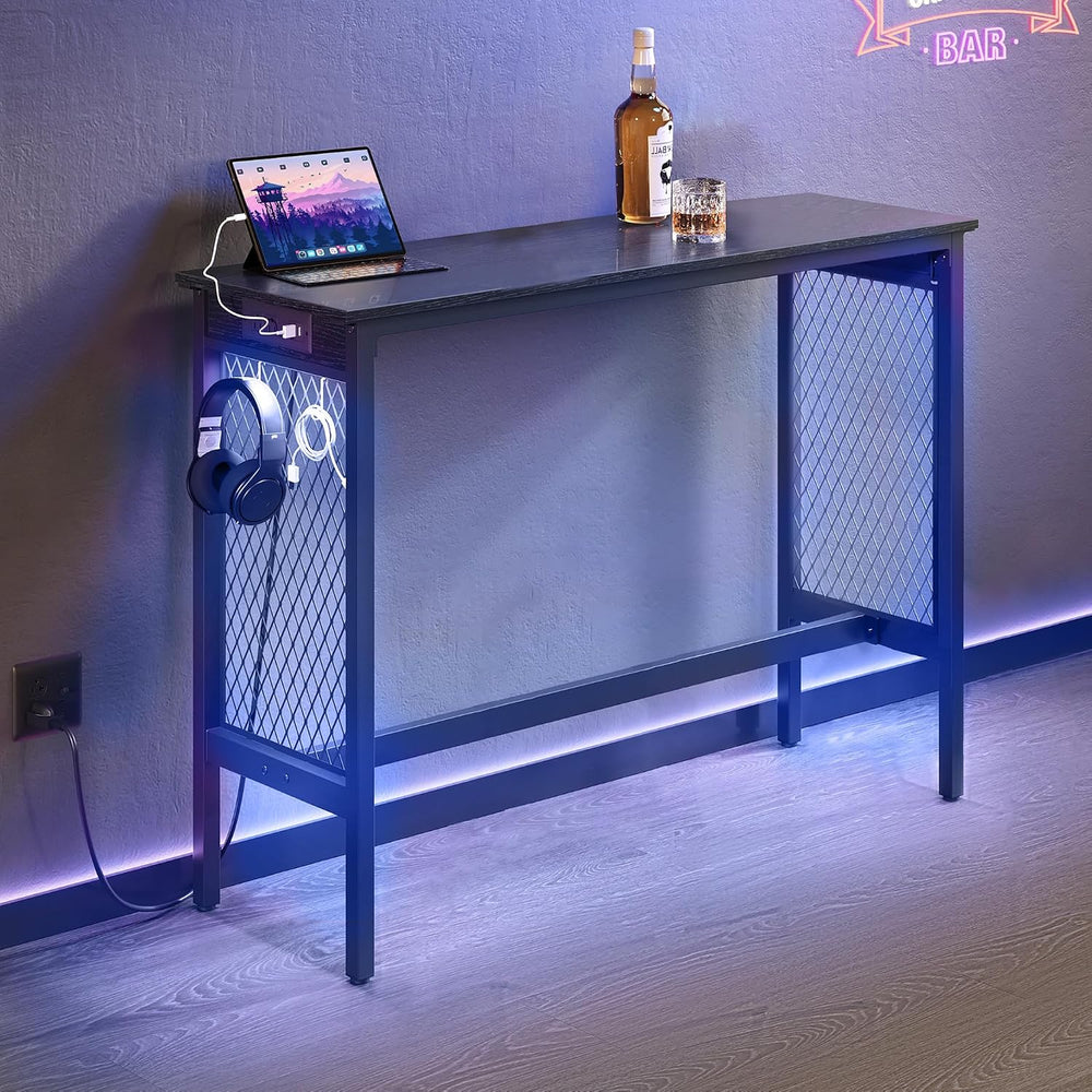 VASAGLE Bar Table with Power Outlets, LED Lights, Computer Desk, 47.2" L