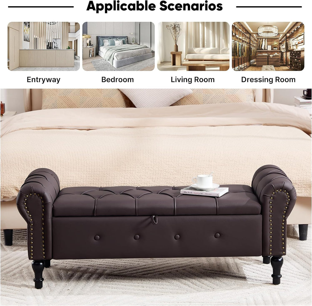 Storage Bench 51" Faux Leather End of Bed Benches Dark Brown