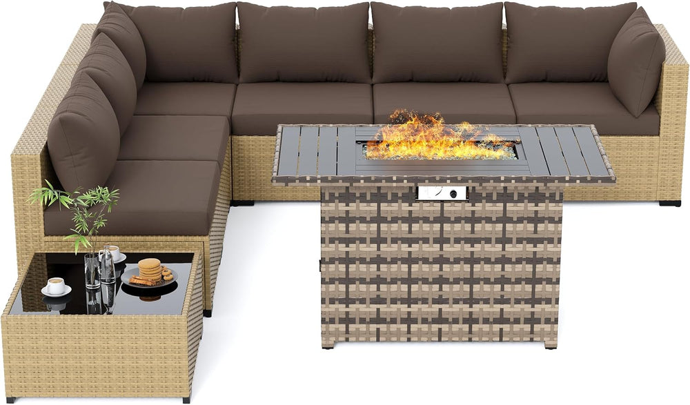 UDPATIO Outdoor Furniture 8-Piece Wicker Patio Set with 44" Fire Pit Table