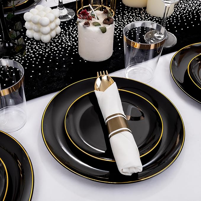 KIRE 350 PCS Plastic Dinnerware Set for 50 Guests - Black and Gold Plates 50 ...