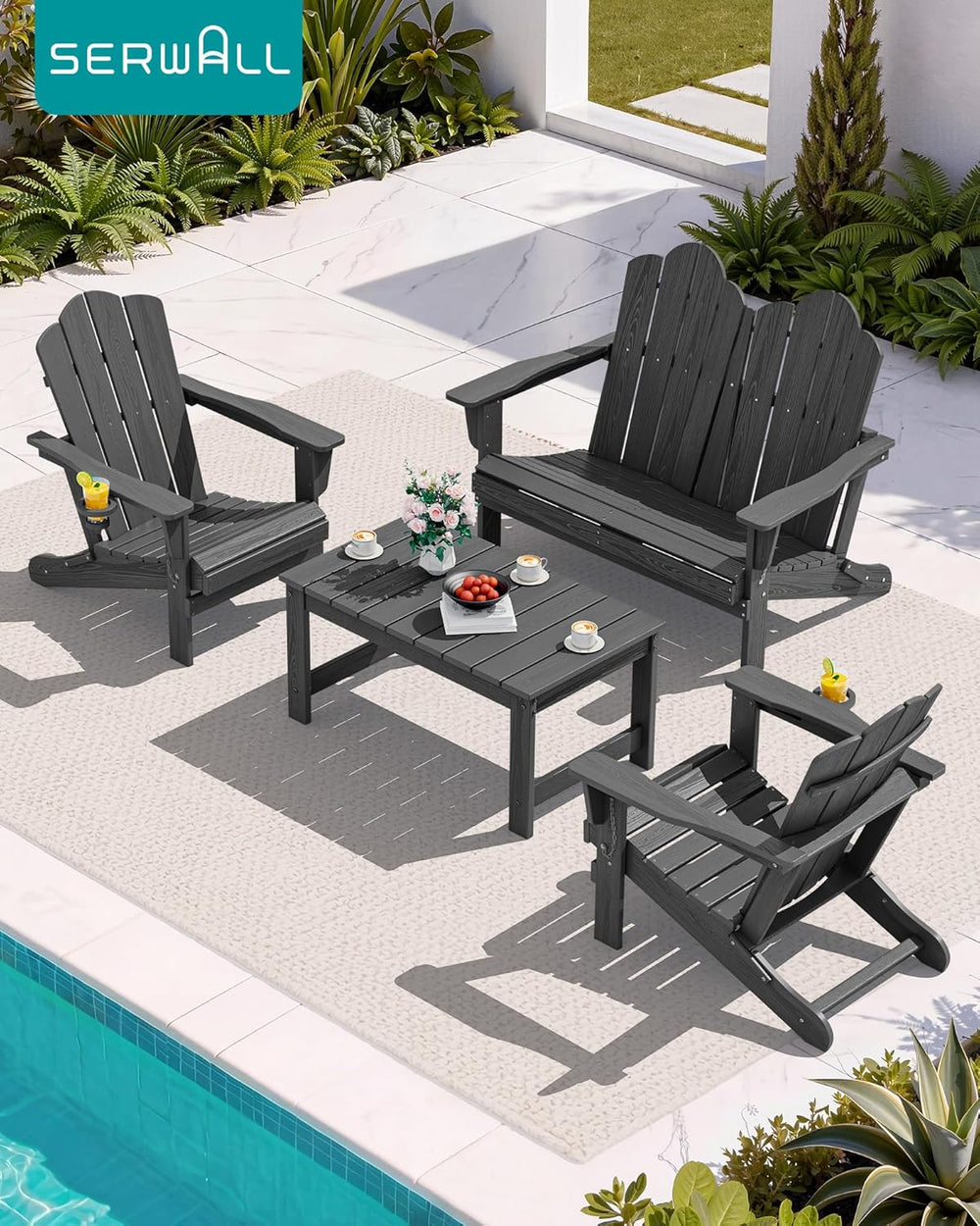 SERWALL Folding Adirondack Bench, HDPE All-Weather, 660lbs Cap, Grey